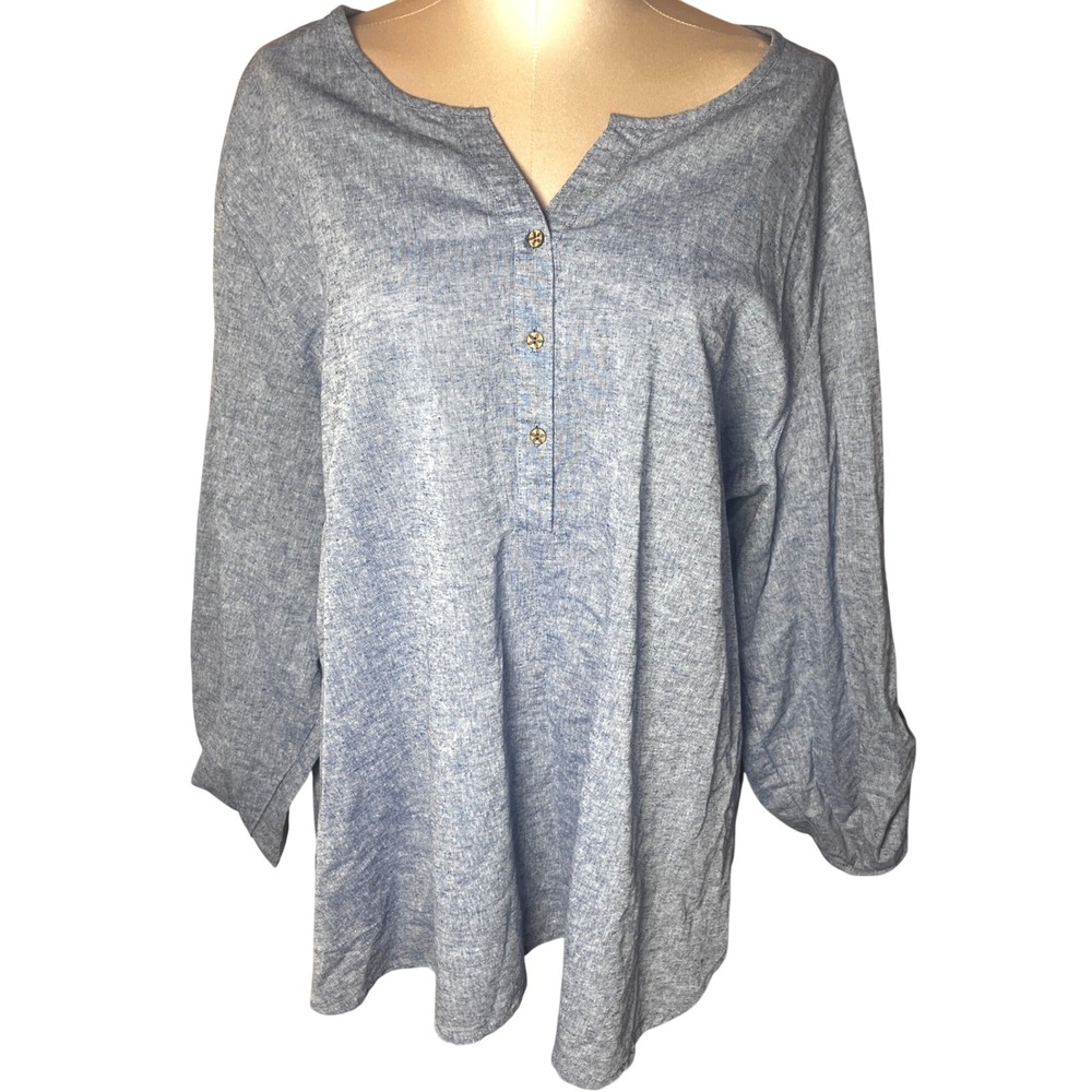 Hester & Orchard Blue Linen Blend Roll Tab Tunic Top Plus Size 2X Henley Lagen